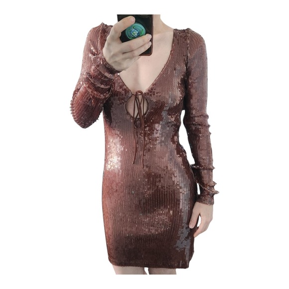 Bardot Chocolate Sequin Mini Dress Long Sleeve Party Cocktail S US 4 Holiday - Picture 1 of 9